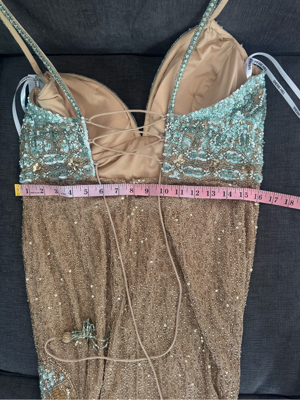 Sherri Hill Aqua Gold Red Carpet Goddess Gown NWT Size 16 - Picture 16 of 17